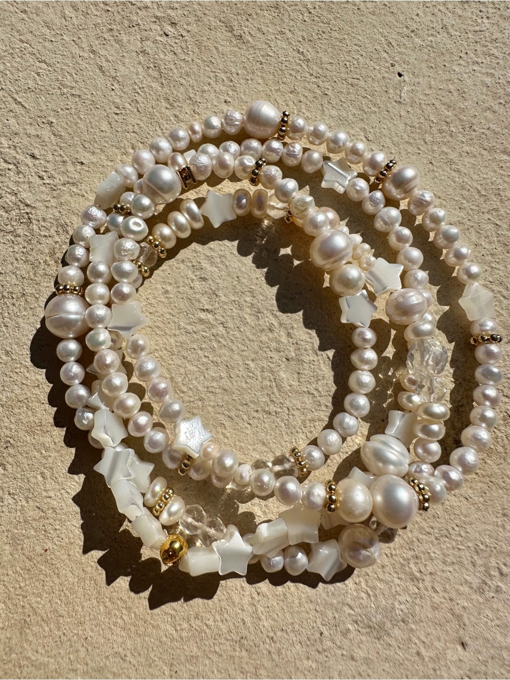 Bali Pearl Multi-Strand Wrap Bracelet with Gold Accents and sea shell 🐚 stars!